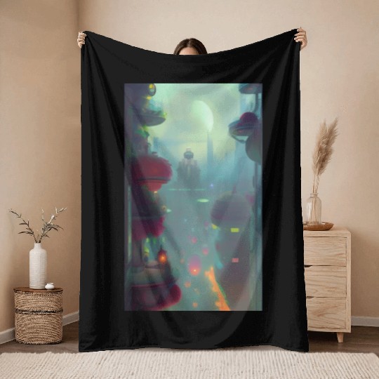 Neon Nights, Futuristic Lights Throw Blankets