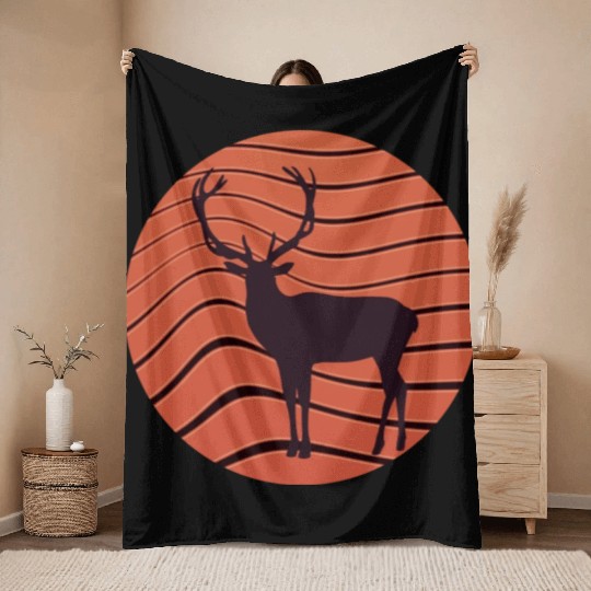 Vintage retro sunset sunrise nature deer funny Throw Blankets