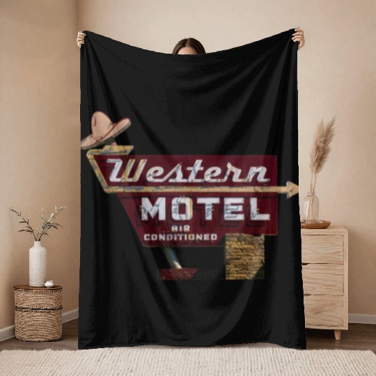 Route 66 Neon Western Motel Bethany Oklahoma Throw Blankets