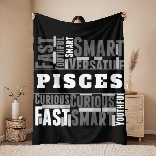 Pisces Zodiac Star Sign Word Cloud Square Monochro Throw Blankets