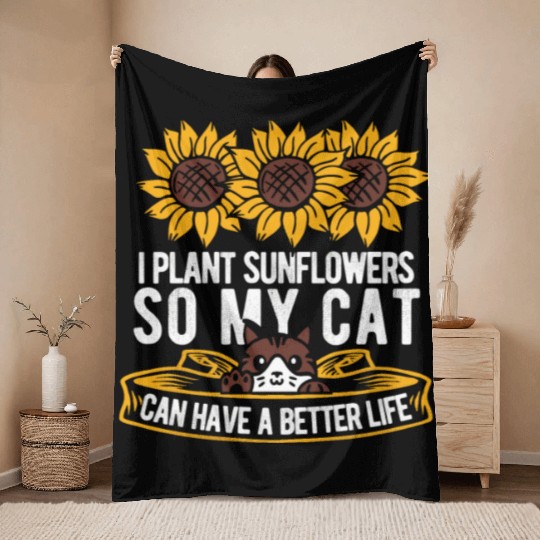 Sunflower Gardening Cat Throw Blankets