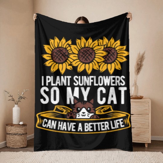 Sunflower Gardening Cat Throw Blankets