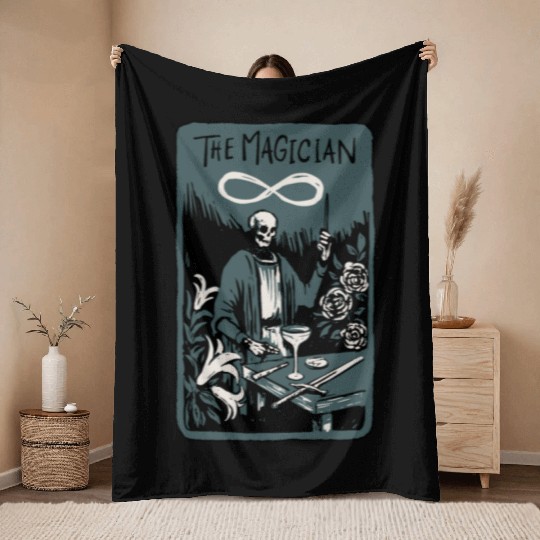 The Magician Skeleton Skull Tarot Card Throw Blankets