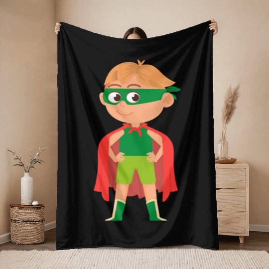 Funny Kid in Superhero Costume Throw Blankets