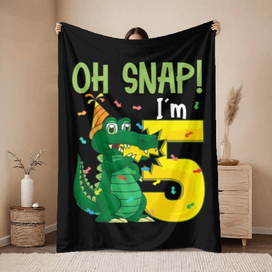 Oh Snap I'm 5 Crocodile 5th birthday Alligator Throw Blankets