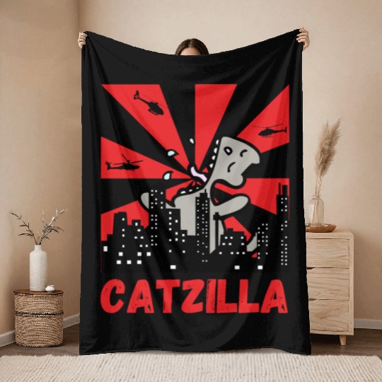 Catzilla funny cat Japanese Sunset Throw Blankets