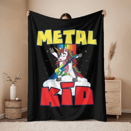 Rock Sign Guitar Unicorn Rainbow Metal Kid Music Throw Blankets