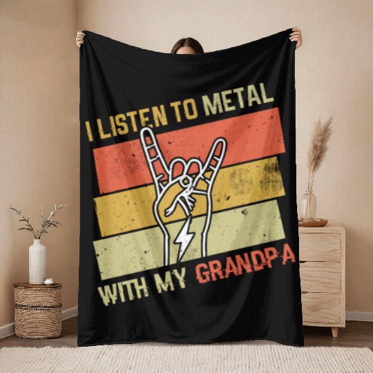 Vintage Metal With Grandpa Metal Kid Music Lover Throw Blankets