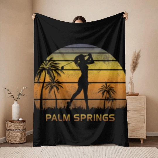 Retro Palm Springs Women's Golf Golfing Fan Throw Blankets