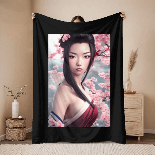 japanese geisha woman Japan wallart sakura pink Throw Blankets