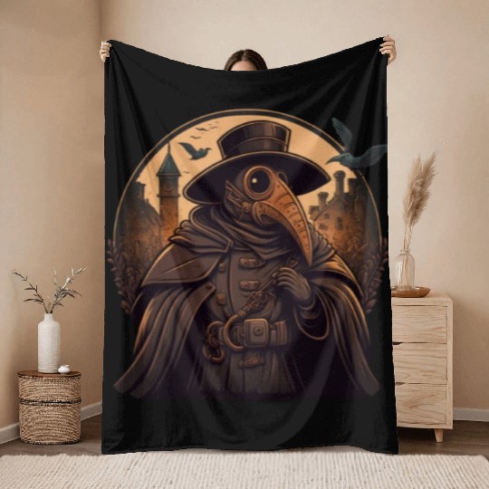 Plague Doctor With Suit and Mask Throw Blankets