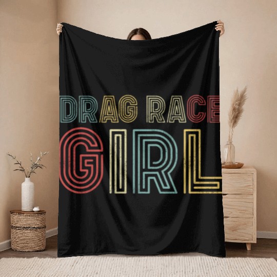 Drag Racing Race Car Girl Retro Throw Blankets