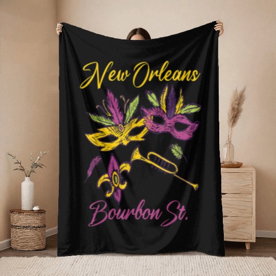French New Orleans Mardi Gras Souvenir Bourbon Str Throw Blankets