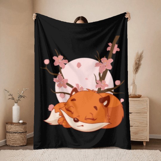 Japanese Fox Cherry blossom Flower sakura kawaii Throw Blankets