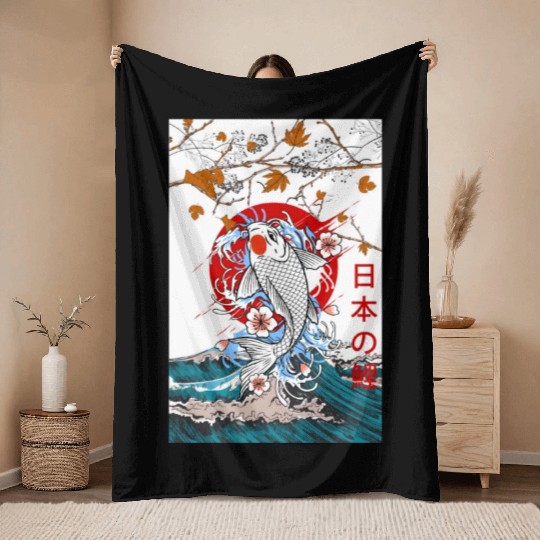 Great Wave off Kanagawa Japanese Blossom Koi Fish Throw Blankets