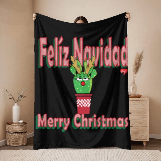 Felíz Navidad Cactus Lady Throw Blankets