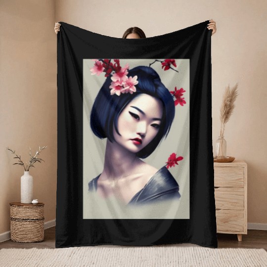 Geisha face japanese woman Japan wallart digital Throw Blankets