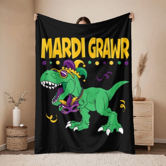 Mardi Grawr T Rex Dinosaur Mardi Gras Bead Kids Bo Throw Blankets