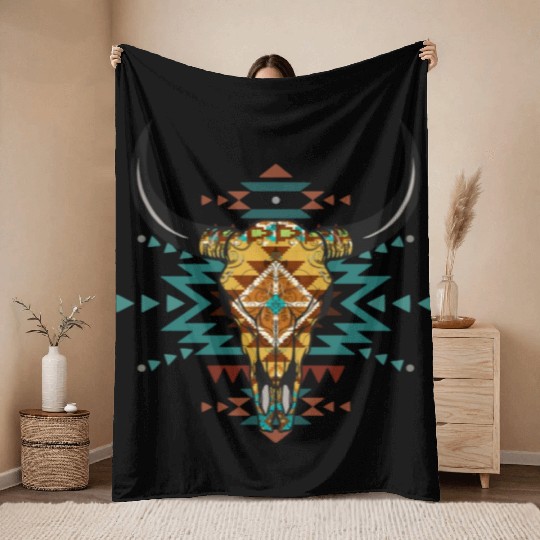 Western Aztec Bull Skull Throw Blankets