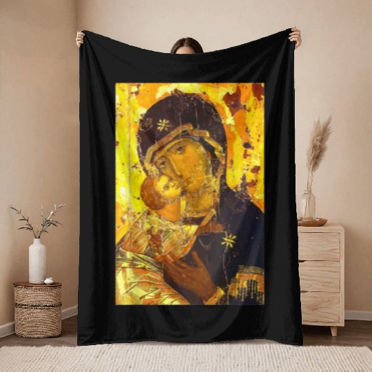 Theotokos Icon Our Lady of Vladamir Mother God Vir Throw Blankets