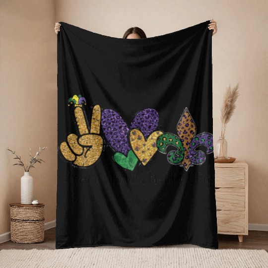PEACE LOVE MARDI GRAS Throw Blankets