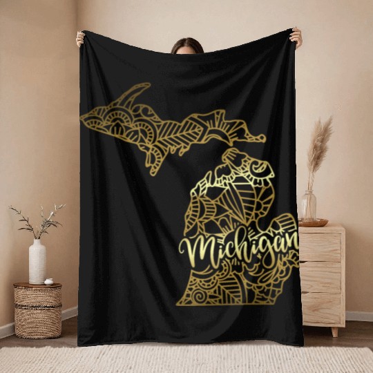 Michigan State Mandala USA America Pretty Gold Throw Blankets