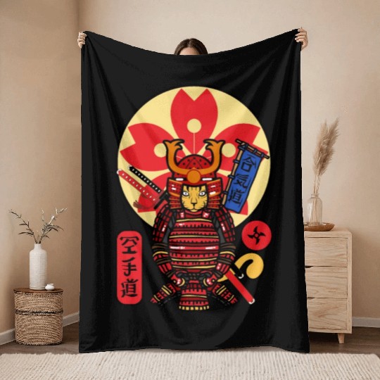 Samurai Cat Throw Blankets