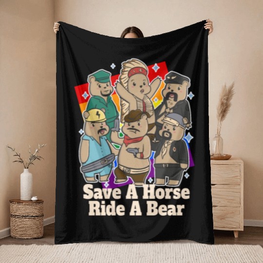 Gay Bears Save Horse Ride A Bear Funny LGBT Pride Throw Blankets