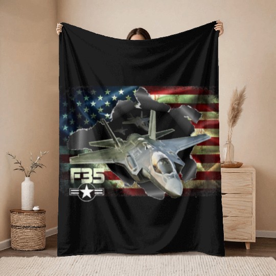 F 35 Lightning Air Force Military Veteran Pride US Throw Blankets