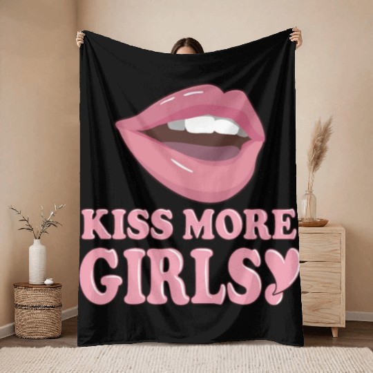 Kiss More Girls Sexy Lips Lesbian LGBT Pride Month Throw Blankets