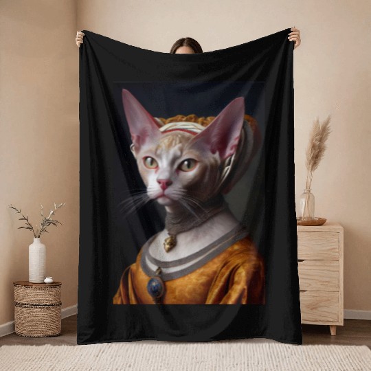 Gold Queen Devon Rex Cat Breed Portrait Royal Rena Throw Blankets