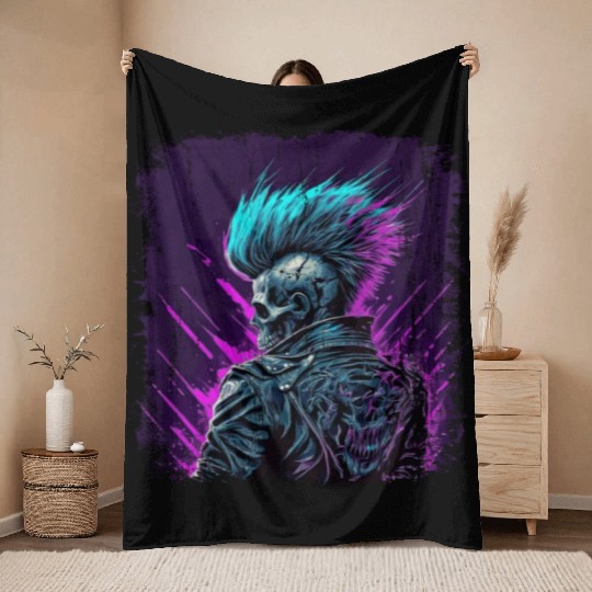 Apocalyptic Neon Retro Punk Zombie Throw Blankets