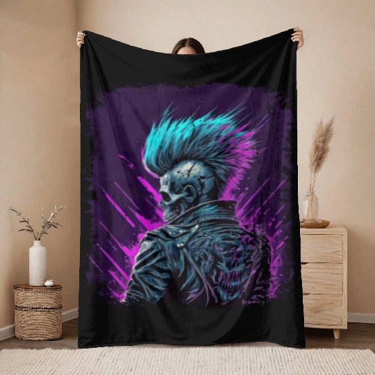 Apocalyptic Neon Retro Punk Zombie Throw Blankets
