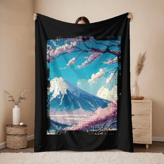Japan Fuji Cherry Blossom Cherry Tree Throw Blankets