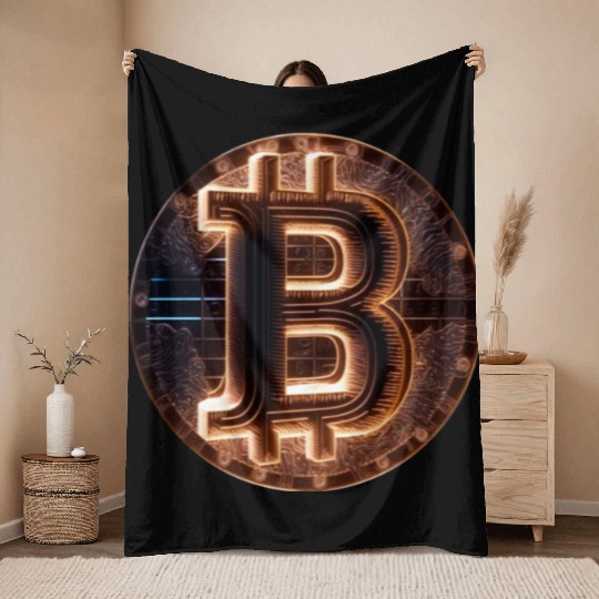 Bitcoin Gold logo Fire futuristic neon light Throw Blankets