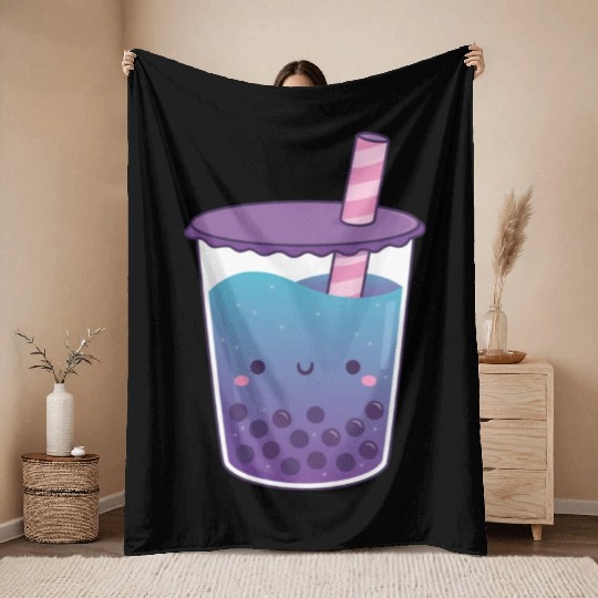 Cute Galaxy Butterfly Pea Flower Boba Tea Doodle Throw Blankets