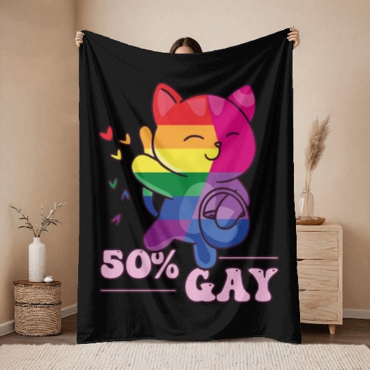50% Gay Bi Bisexual Pride Kawaii Cat Kawaii Throw Blankets