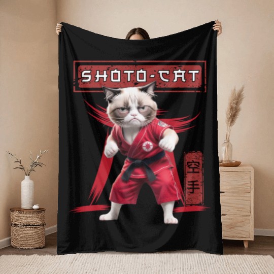 Karate Cat, Karate Japanese Kanji Throw Blankets