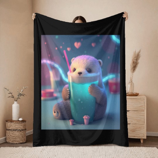 Kawaii Otter Pet Otter Drinking Boba Tea Throw Blankets