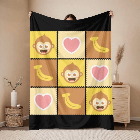 Cute Monkey and Banana Pattern Throw Blankets