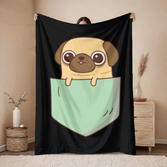 Cute Little Pug In Green Pocket Throw Blankets