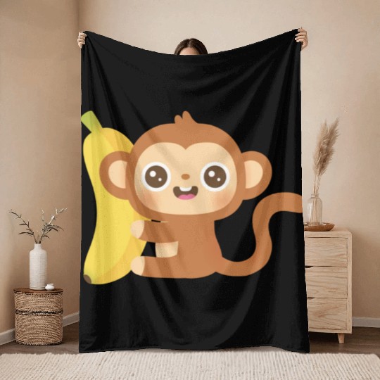 Cute Little Monkey and Banana Throw Blankets