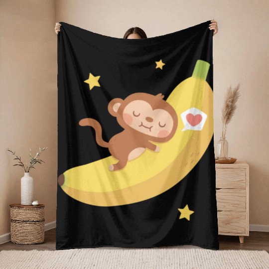 Cute Monkey Hugging Banana Moon Throw Blankets