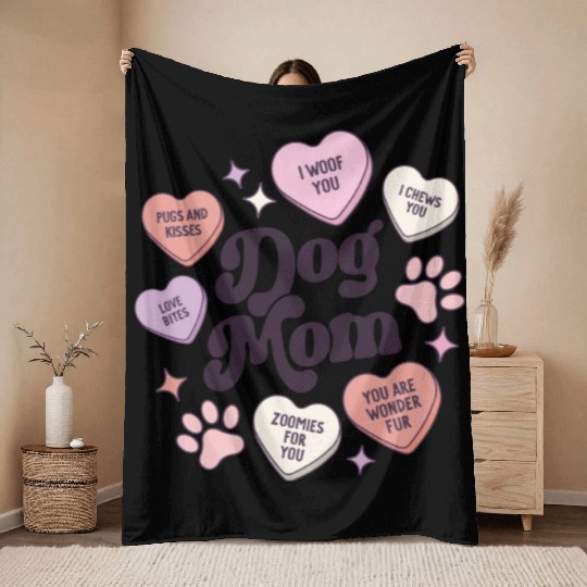 Dog Mom Valentines Day Candy Hearts Galentines Throw Blankets
