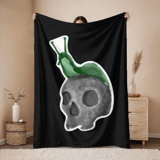 Green Snail on Skull Illustration Throw Blankets