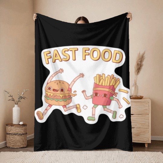 Funny Fast Food Running Burger and Fries Doodle Throw Blankets