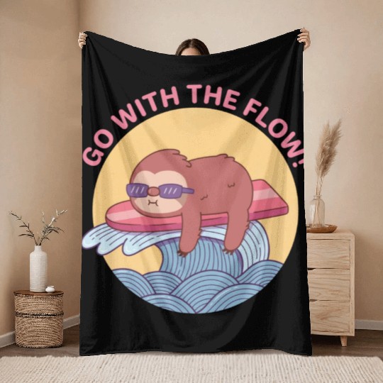 Go With The Flow Sloth Chilling on Surfboard Throw Blankets