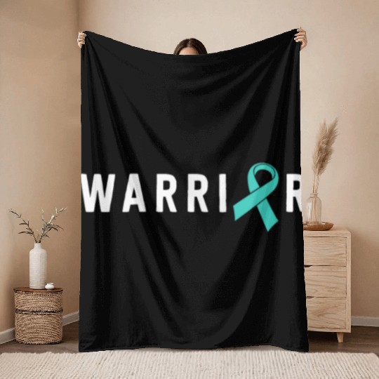 Warrior Motivational Teal Awareness Ribbon Throw Blankets
