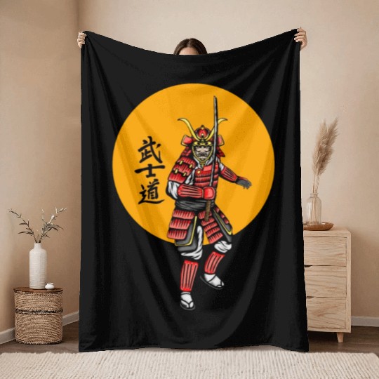 Japanese samurai warrior yellow mask Throw Blankets