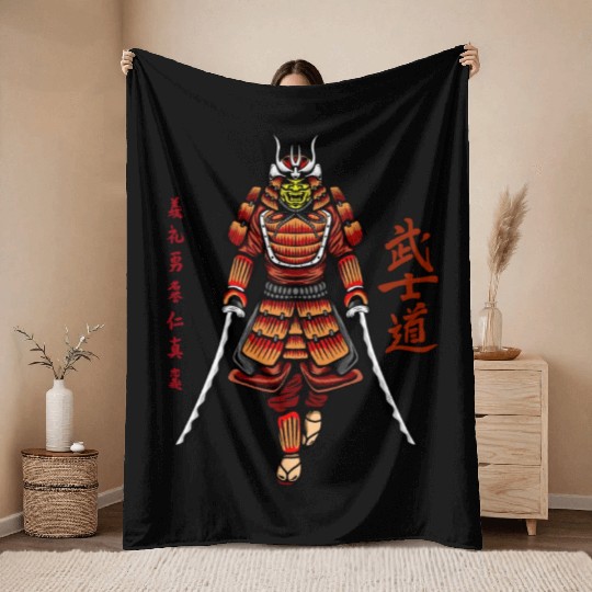 Japanese samurai warrior dark red mask Throw Blankets